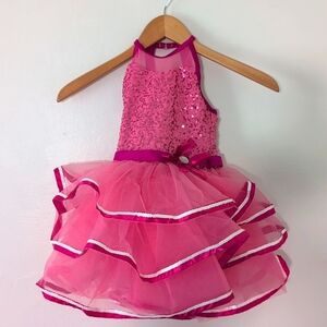 New Weissman Pink Sequin Dance Leotard Costume Ruffled Skirt Halter Top Sz XS